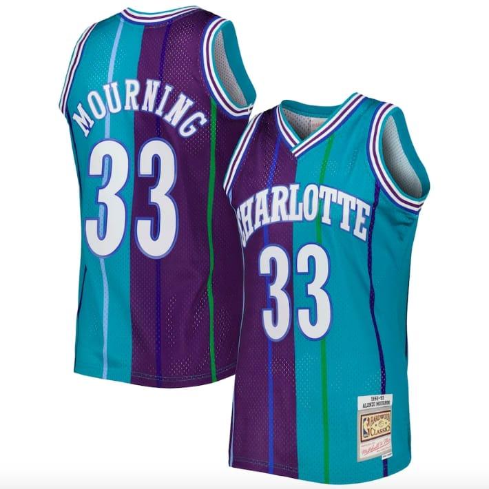 Баскетбольная джерси 1992-93 Charlotte Hornets #33 Alonzo Mourning Split Swingman Teal/Purple Jersey