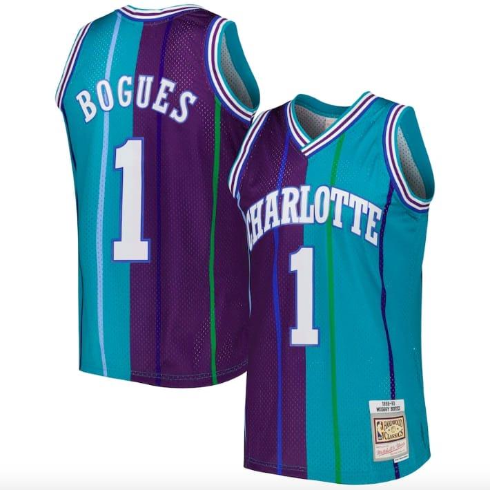 Баскетбольная джерси 1992-93 Charlotte Hornets #1 Muggsy Bogues Mitchell & Ness Split Teal/Purple Jersey