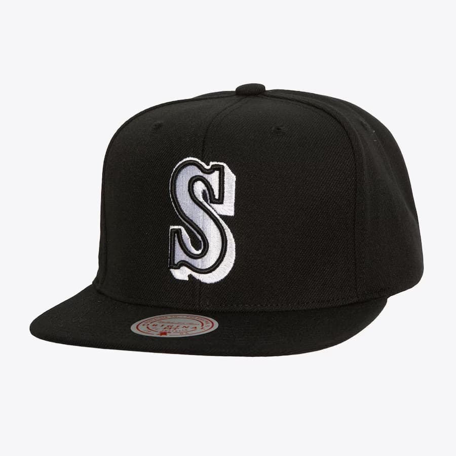 Бейсболка Mitchell & Ness Black White Seattle Mariners Cooperstown Collection Evergreen OG Snapback Hat