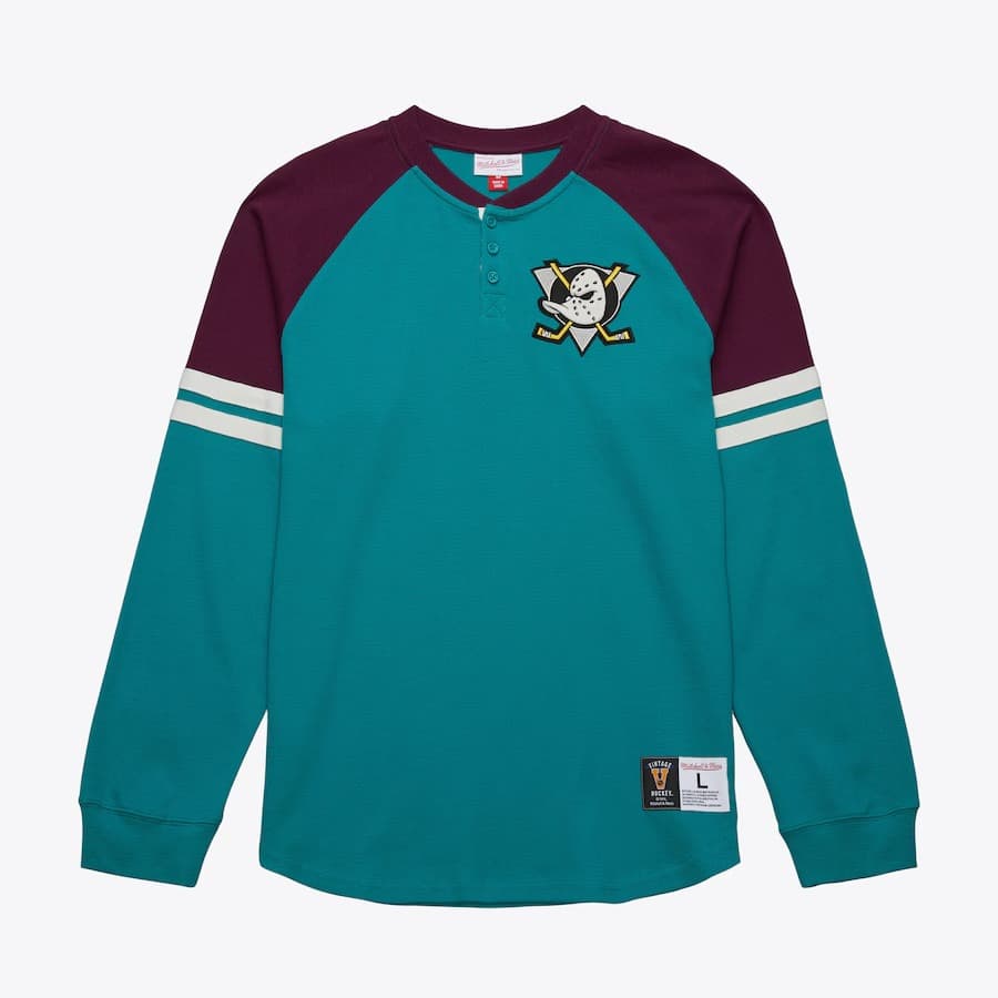 Лонгслив Mitchell & Ness Teal Anaheim Ducks Vintage Logo Thermal Henley Top
