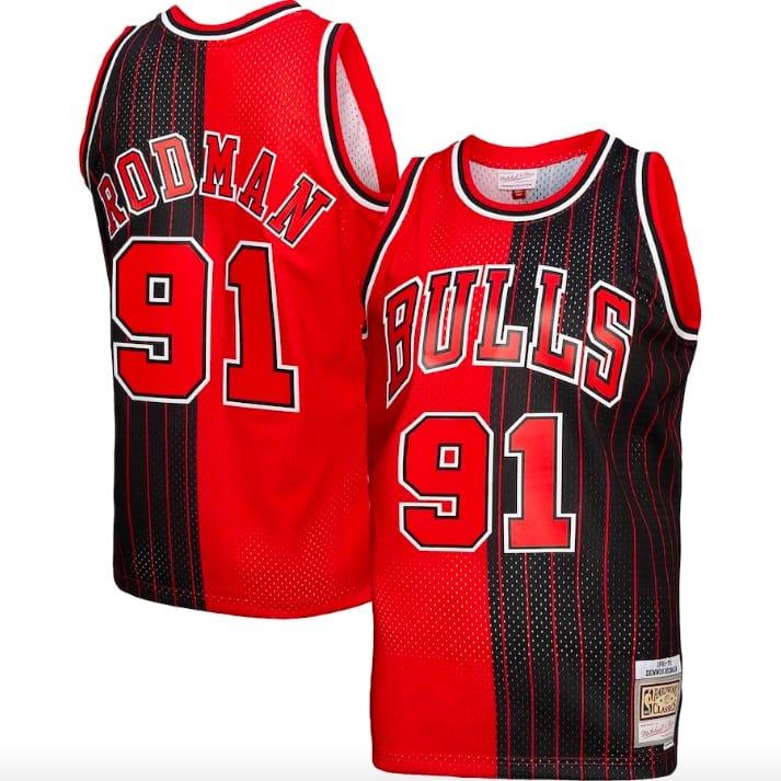 Баскетбольная джерси 1995-96 Chicago Bulls #91 Dennis Rodman Mitchell & Ness Split Red/Black Jersey