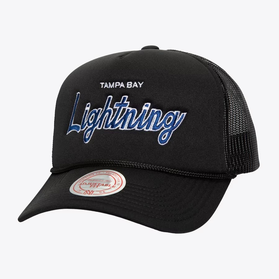 Бейсболка Mitchell & Ness Black Tampa Bay Lightning Script Trucker Adjustable Hat