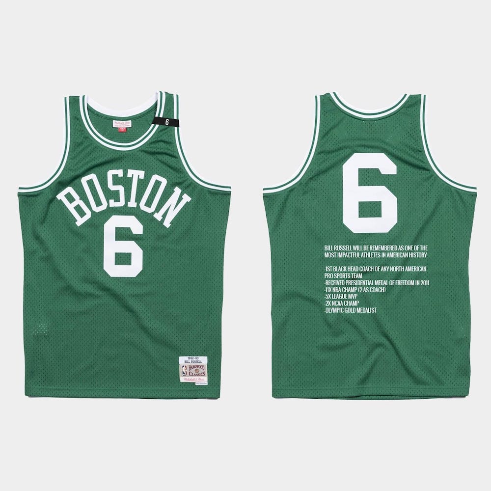 Баскетбольная джерси Boston Celtics #6 Bill Russell Rest In Peace Green Jersey