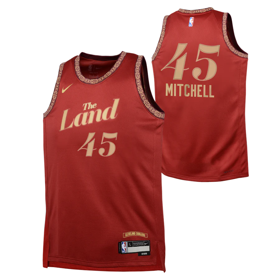 Баскетбольная джерси 2023-24 Cleveland Cavaliers Donovan Mitchell #45 Youth Swingman City Edition Red Jersey