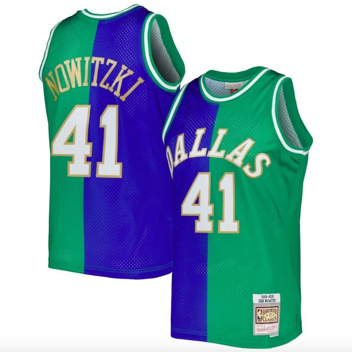 Баскетбольная джерси 1998-2019 Dallas Mavericks #41 Dirk Nowitzki Mitchell & Ness Split Blue/Green Jersey