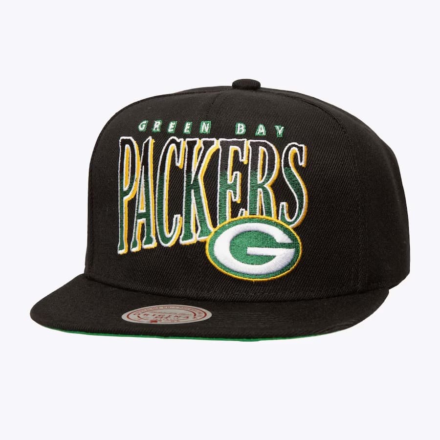 Бейсболка Mitchell &amp; Ness Black Green Bay Packers Line Work OG Snapback Hat