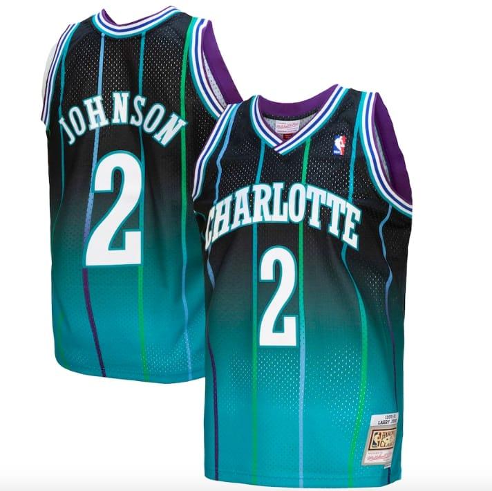 Баскетбольная джерси 1992-93 Charlotte Hornets #2 Larry Johnson Mitchell & Ness Fadeaway Teal/Black Jersey