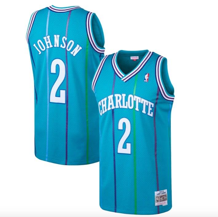 Баскетбольная джерси 1992-93 Charlotte Hornets #2 Larry Johnson Hardwood Classics Teal Jersey