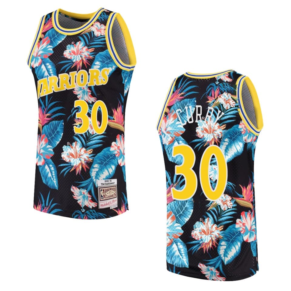 Баскетбольная джерси 1990-91 Warriors #30 Stephen Curry Floral Fashion Black Swingman