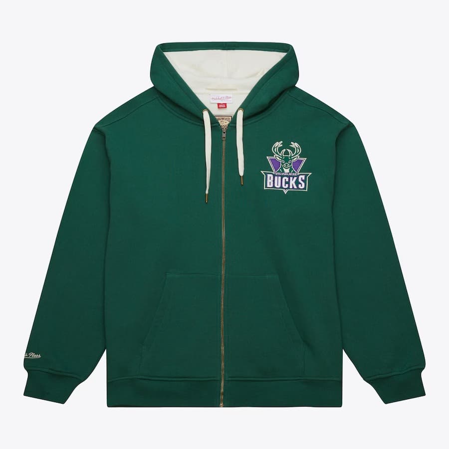 Худи Mitchell & Ness Green Milwaukee Bucks Vintage Logo Playoff Win 2.0 Full-Zip Hoodie
