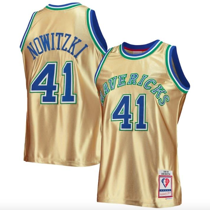 Баскетбольная джерси 1998-99 Dallas Mavericks #41 Dirk Nowitzki Mitchell & Ness 75th Anniversary Gold Jersey
