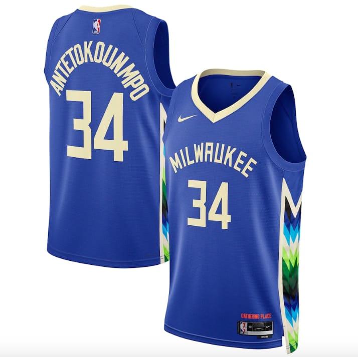 Баскетбольная джерси 2022-23 Milwaukee Bucks #34 Giannis Antetokounmpo Swingman City Royal Jersey