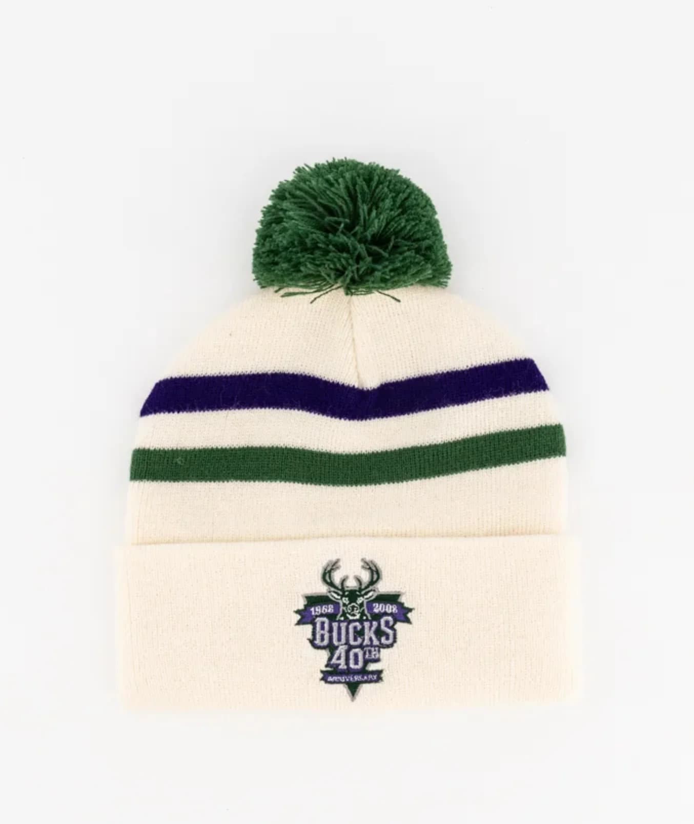 Шапка Mitchell & Ness Milwaukee Bucks Team Logo 40th Anniversary Pom Knit NBA Beanie