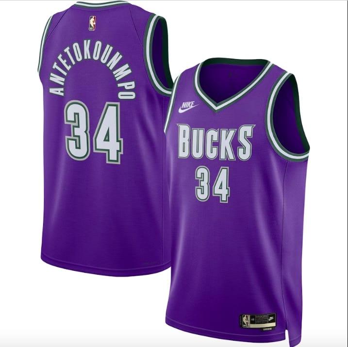 Баскетбольная джерси 2022-23 Milwaukee Bucks #34 Giannis Antetokounmpo Swingman Classic Purple Jersey